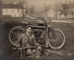 Claude Arthur Lyons (born 1890, Keating township Pa) depicted with his Flying Merkel. The photo was probably taken in Smethport Pa. The date is not known precisely, but precedes February of 1913 when Claude married Martha Walters, gave up motor cycle racing and moved to his new wife’s home town of Hamburg NY.  By courtesy of Kathryn A. Lyons, from Hamburg, NY, granddaughter of Claude (CC By 4.0).